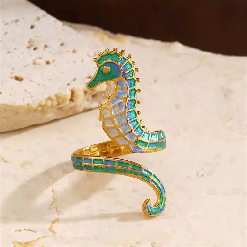 EILIECK 316L Stainless Steel Enamel Seahorse Open Adjustable Ring for Women Water Resistant Fashion Chic Ring Jewelry Bijoux