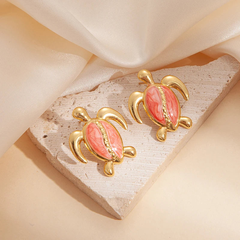 ANENJERY 316L Stainless Steel Colorful Stripes Turtle Earrings For Women Niche Design Unique Cute Jewelry Gifts Wholesale