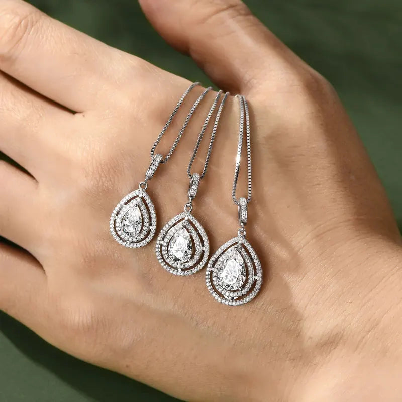 OXTAO 925 Sliver Moissanite Water Drop Pendant Necklace Double Layer with Certified for Women Clavicle Chain Necklace Jewelry