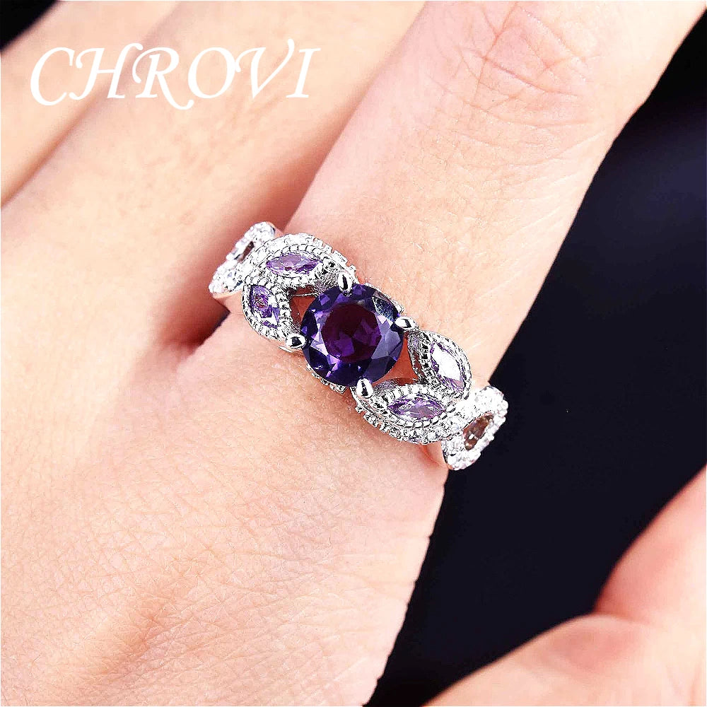 Luxury-Style 925 Sterling Silver New Model Set with Purple Crystal Ring - Full Diamond Engagement Ring for Women