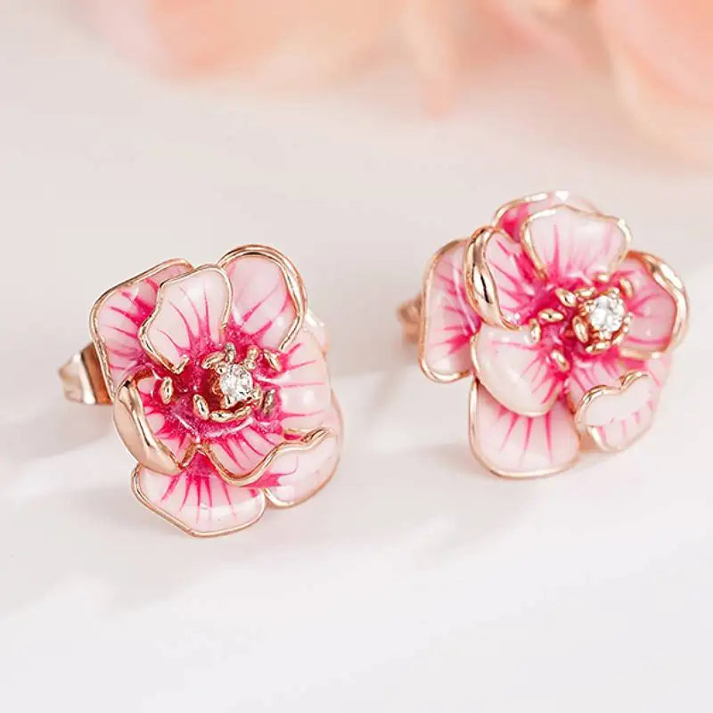 Huitan Aesthetic Women Stud Earrings Pink Flower Shaped Party Daily Lady Accessories Wedding Elegant Trendy Jewelry with CZ