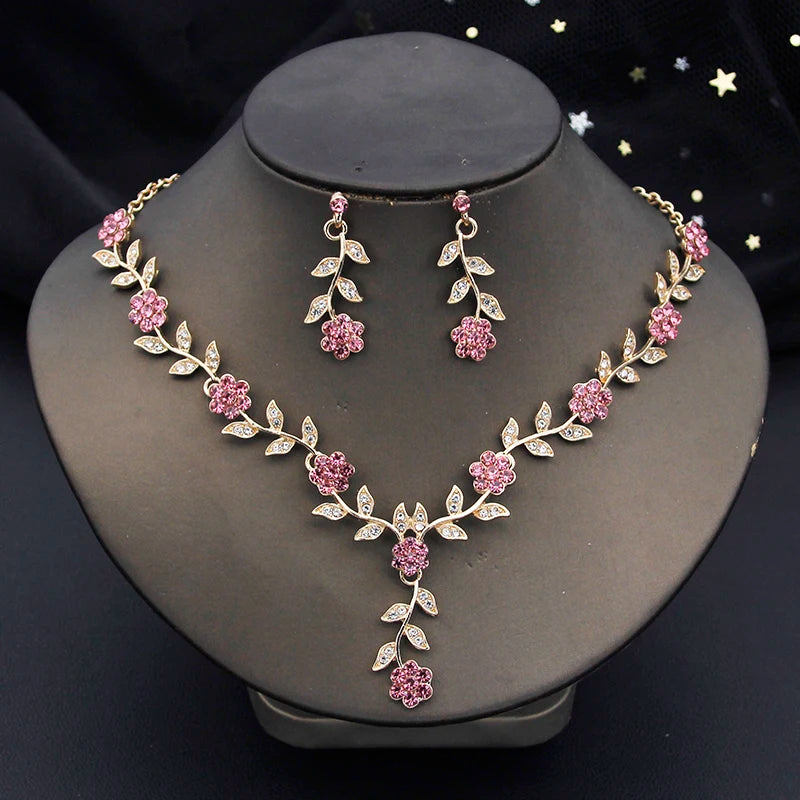 Exquisite 16 Colors Flower Jewelry Set Rhinestone Pendant Party Women Fashion Romantic Wedding Necklace Earring Set 3pcs Gifts