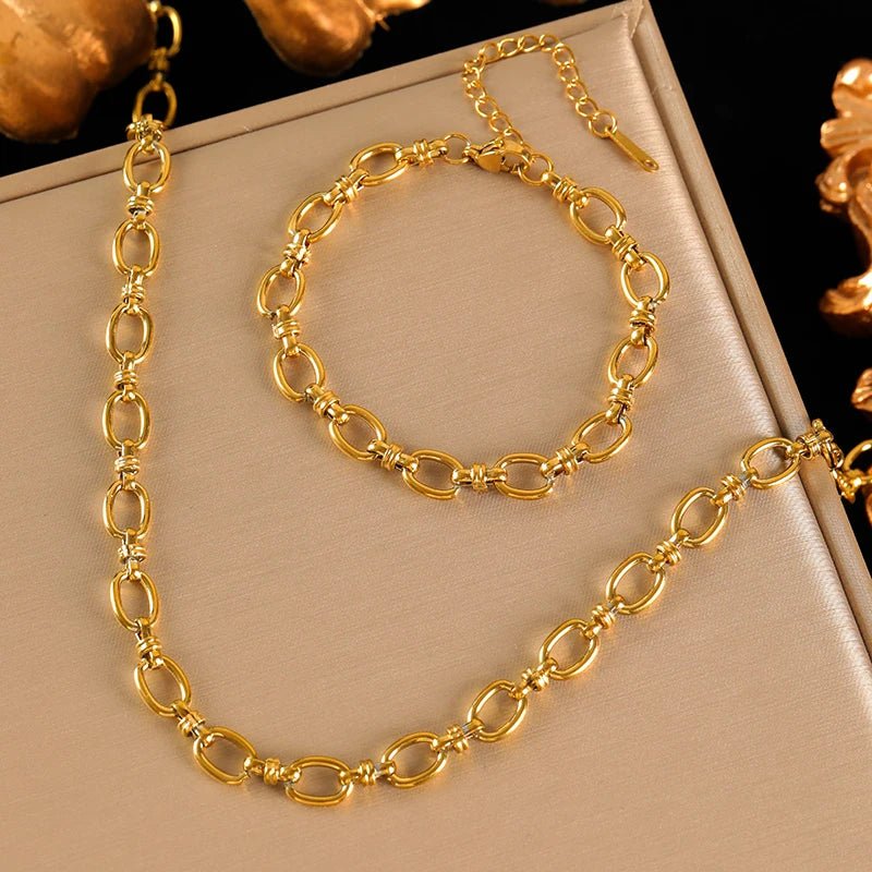EILIECK 316L Stainless Steel Gold Color Chain Statement Necklace Bracelet For Women Charm Simple Jewelry Bijoux Jewelry Set Gift