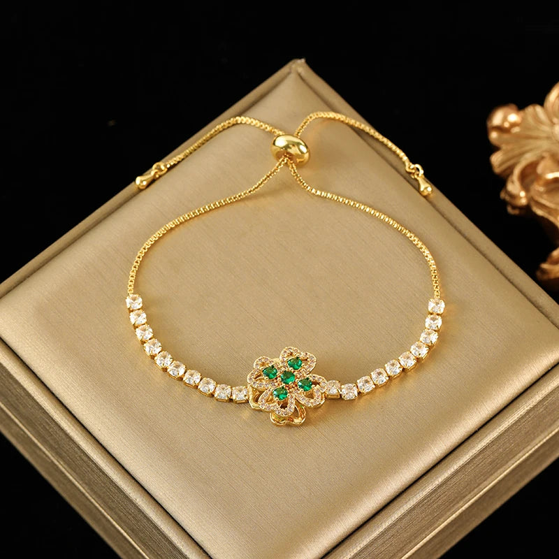 EILIECK New Fashion Stainless Steel Rotating Green Clover Zircon Necklace Bracelet Set For Women Trendy Waterproof Jewelry Gift