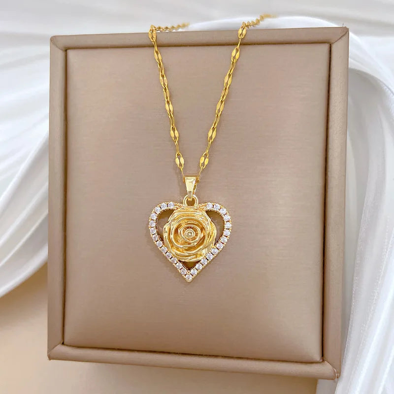 Unique Heart CZ Rose Flower Design Women's Pendant Necklace Aesthetic Bridal Wedding Accessories Gift for Mother's Day New