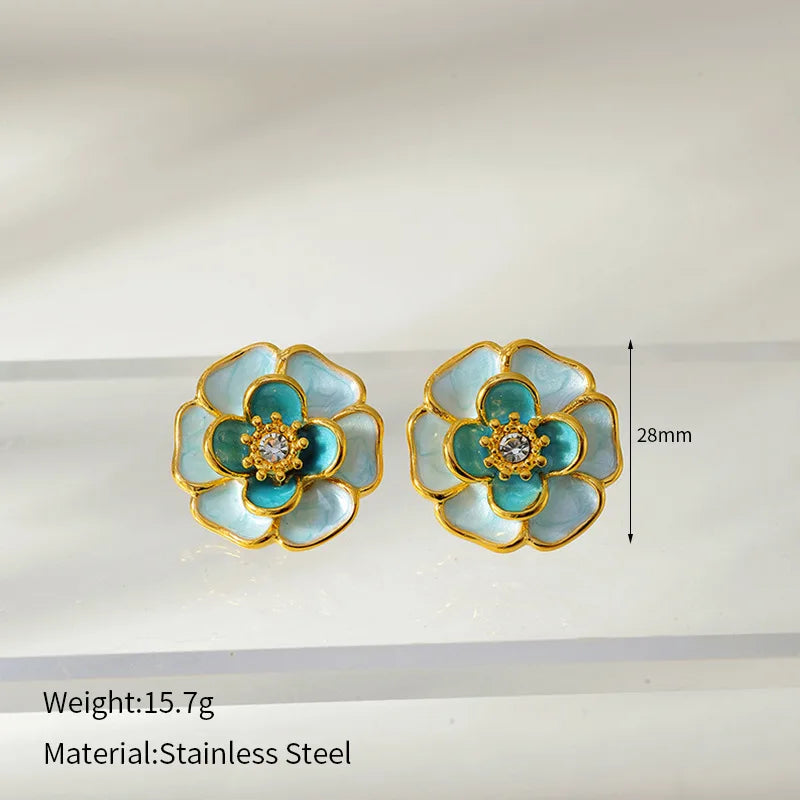 EILIECK 316L Stainless Steel Colorful Enamel Flower Necklace Earrings Ring Set For Women Trendy Waterproof Jewelry Lady Gift