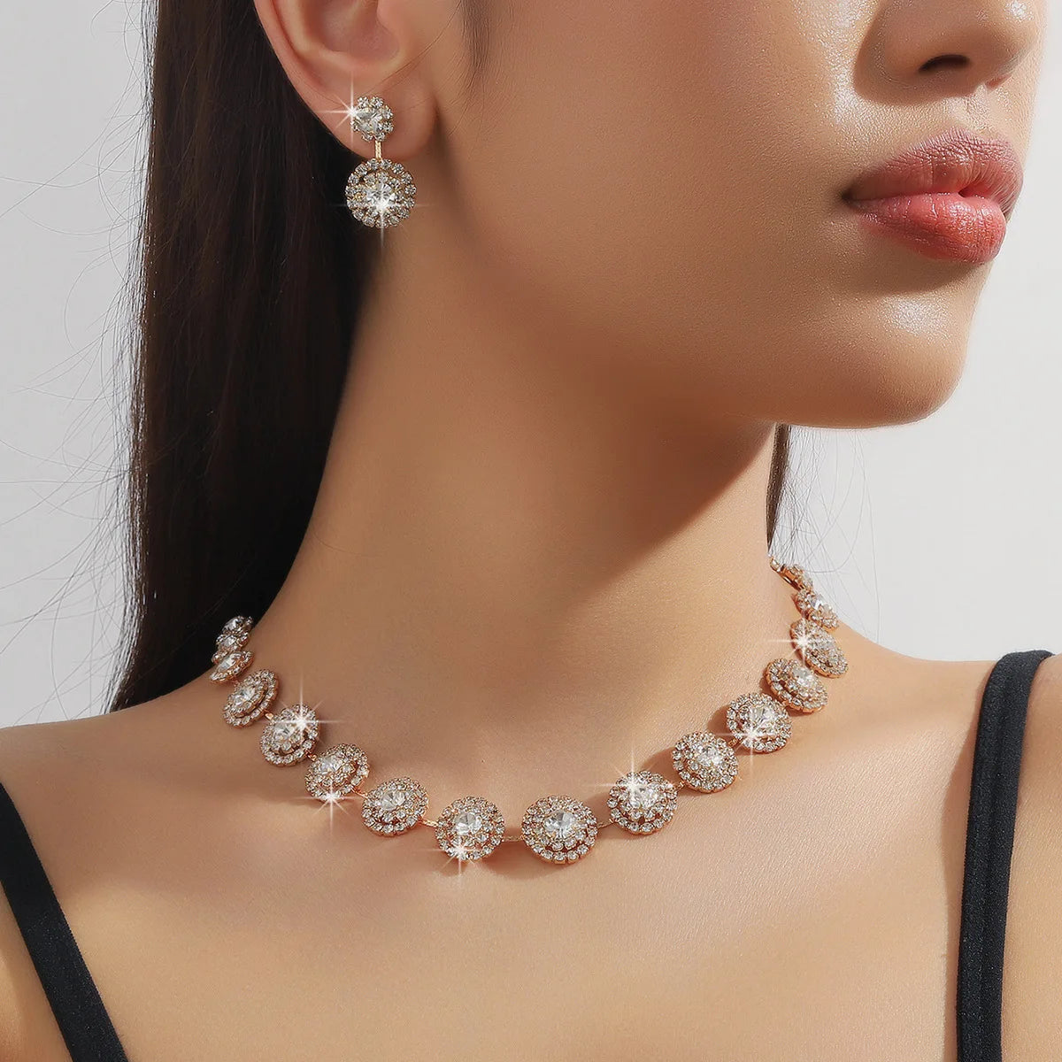 TREAZY Sparkling Silver Color Crystal Wedding Jewelry Set for Women Statement Choker Necklace Earrings Set Bridal Jewelry Set