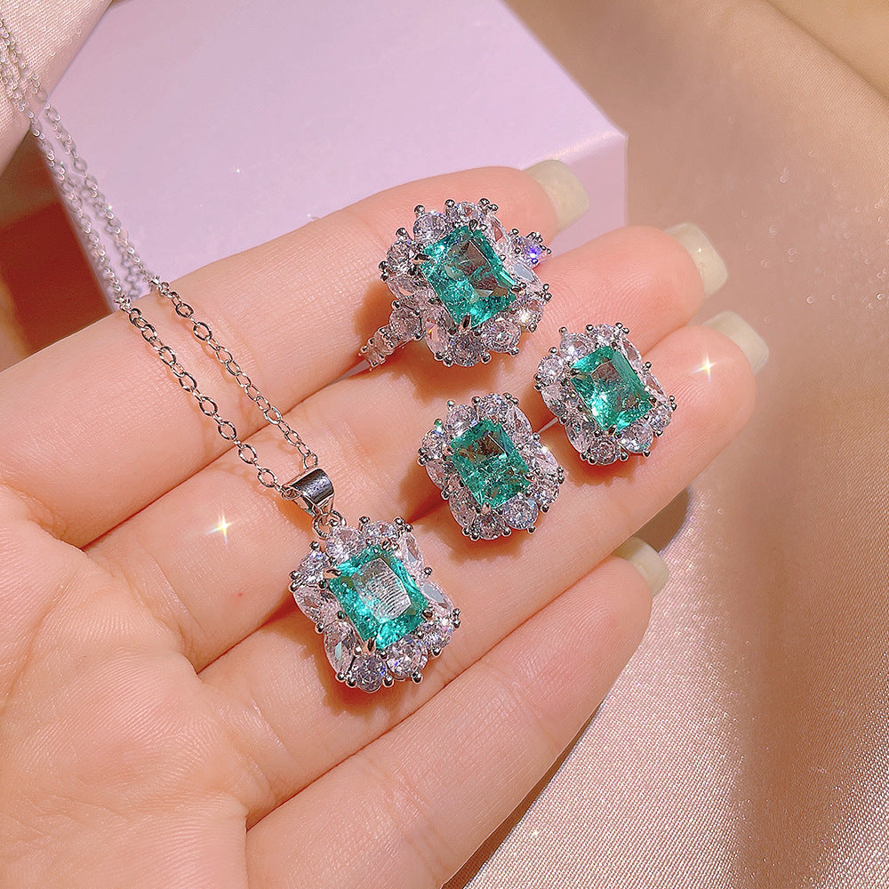 New Paraiba Women's Jewelry Set Princess Bling Bling Zircon Stud Earrings Pendant Adjustable Ring Three Piece Set Party Gift