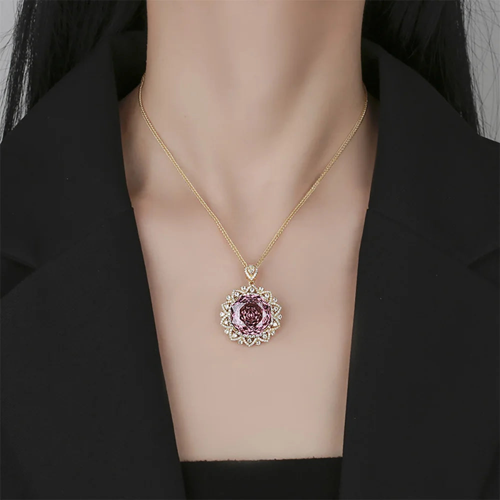 Retro 18*18mm Amethyst Pink Quartz Lab Diamond Gold Pendant Necklace for Women Cocktail Party Fine Jewelry Accessories Gifts
