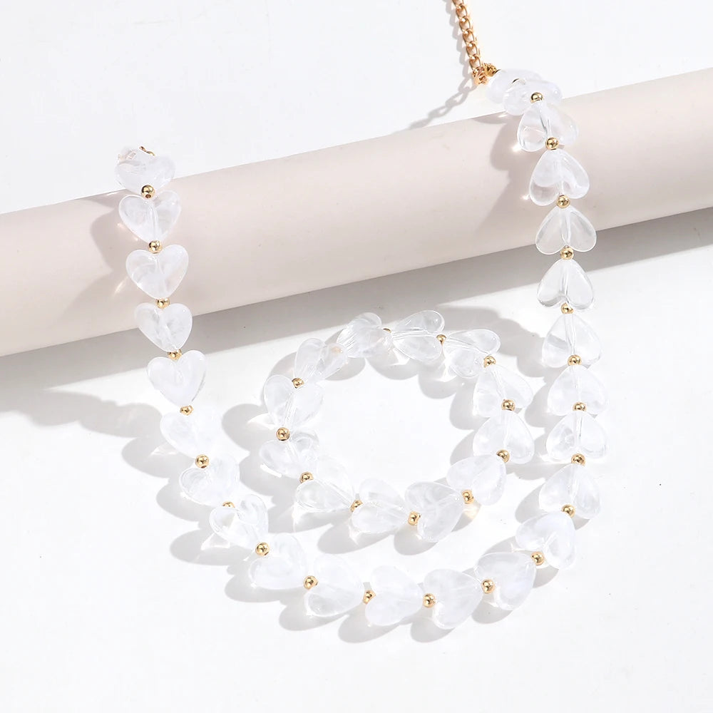 New Colorful Acrylic Geometric Heart Beaded Necklace Bracelet Set Fashion Love Heart Beads Choker Necklace Women Jewelry Gifts