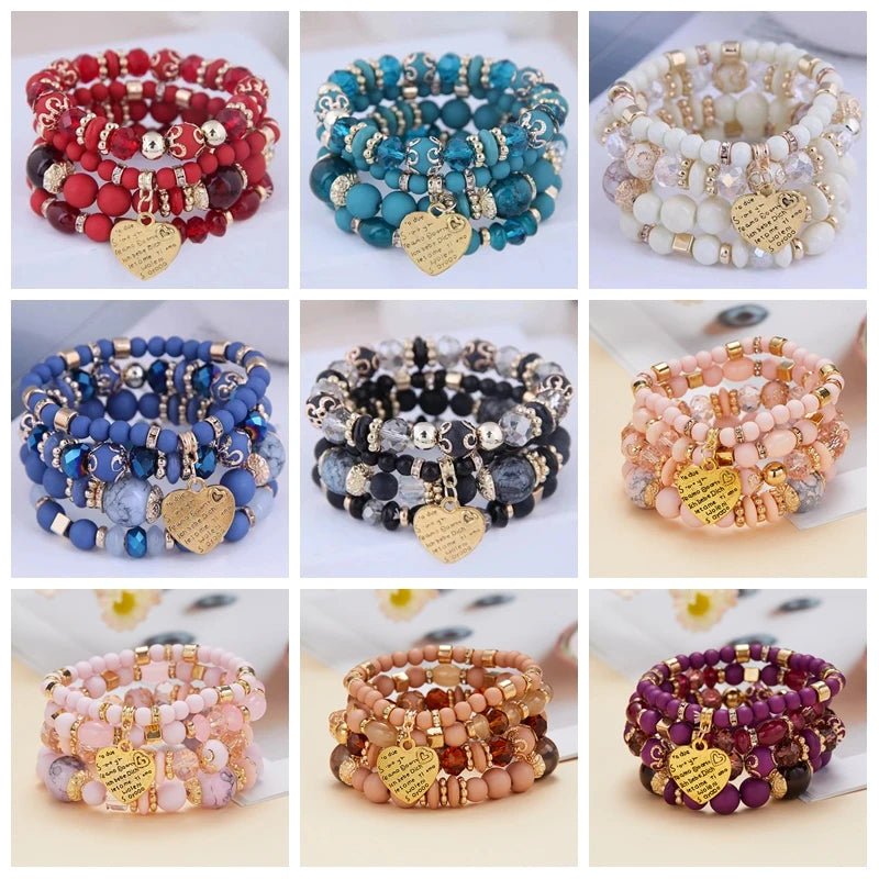 4pcs/set Bohemian Stackable Bead Bracelets for Women Multilayered Bracelet Pendant Charm Stretch Bangles