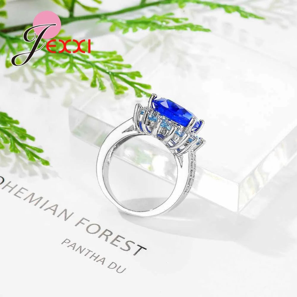 Fancy Big Sunflowers Clearly Blue Crystals Design Women Party Rings 925 Sterling Silver Color Accessory Best Gift Anniversary
