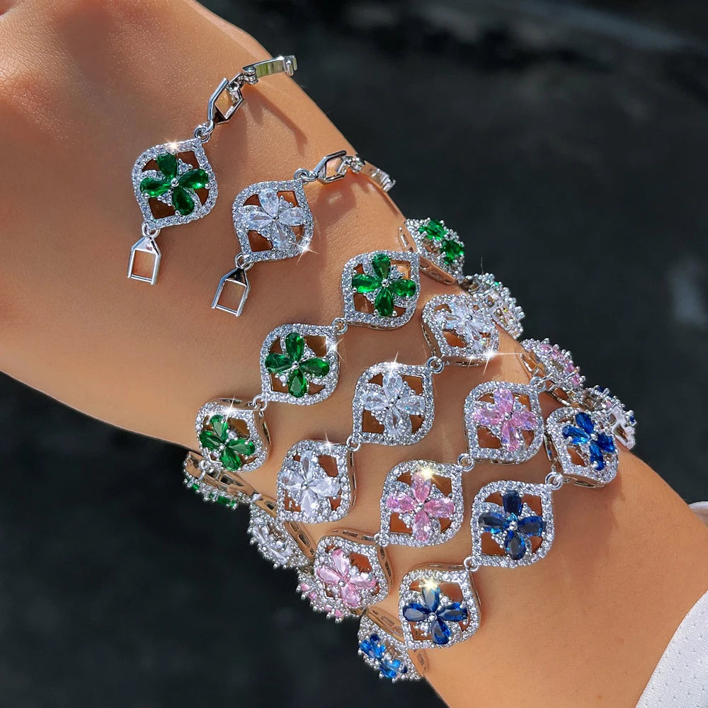 ThreeGraces Luxury Shiny Pink Cubic Zirconia Big Flower Leaf Shape Bridal Wedding Party Link Chain Bracelet for Women BR439