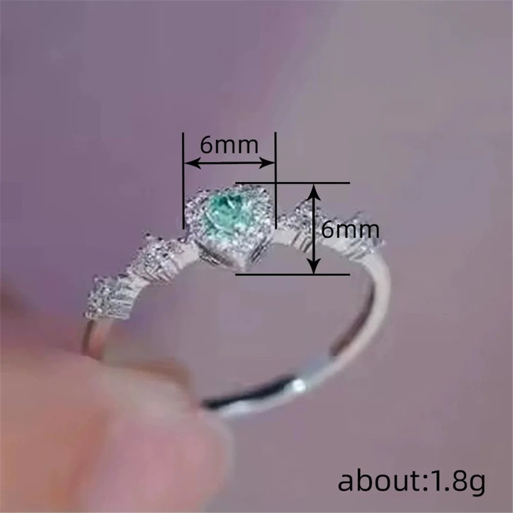 Cute Female White Green Zircon Stone Silver Color Wedding Jewelry Promise Love Heart Engagement Rings For Women