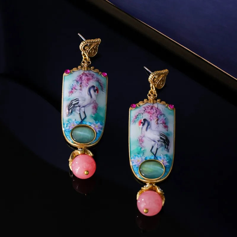 Retro Chinese Style Women Earrings Enamel Painted Cat's Eye Stones Fashion Jewelry Elegant Versatile Aretes De Mujer
