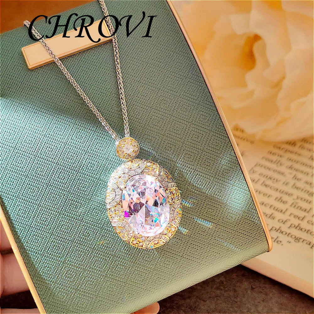 Luxury-Style 925 Sterling Silver Two-Colored Pendant Necklace Stud Earrings White Diamond Ring Gemstone Set