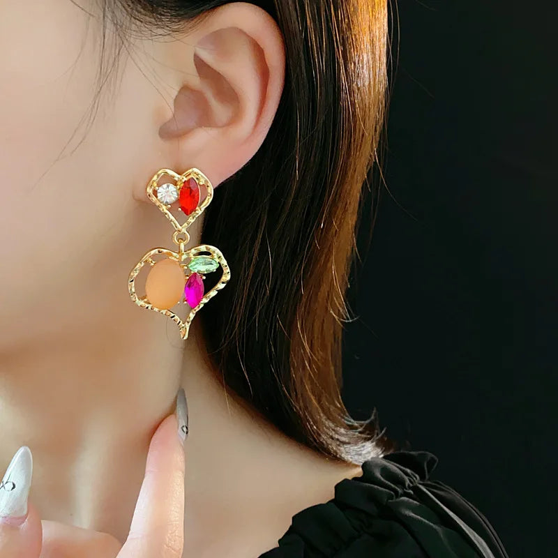 Heart Inlaid Rhinestone Earrings for Women Korean Girl Heart Drop High-grade Temperament Female Accessories Wedding Gifts