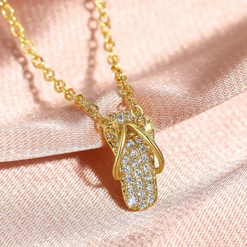 Chic Flip Flops Shaped Pendant Necklace for Women Bling Crystal CZ Funny Summer Girls Neck Accessories Statement Jewelry