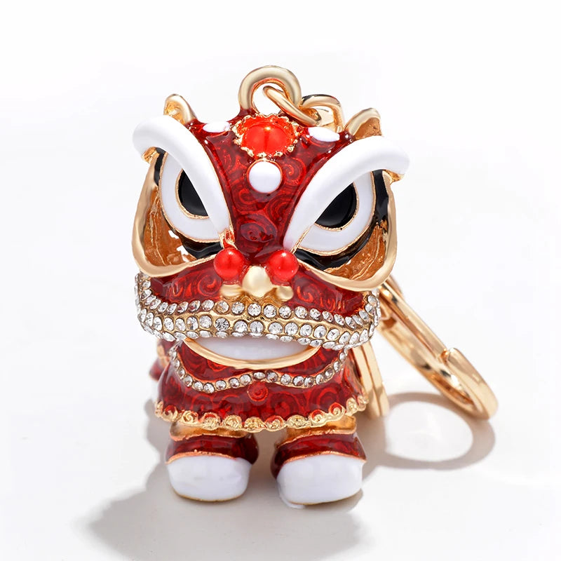 EASYA Chinese Lion Dance Chinatown GIFTS Rotatable Car Keychain Crystal Lucky Mascot Key Chain Ring  Souvenir