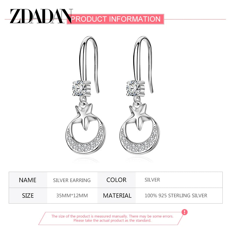 ZDADAN 925 Sterling Silver Star Moon CZ Dangle Earrings For Women Fashion Jewelry