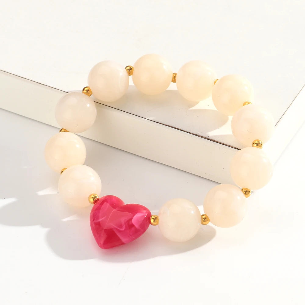 Trendy Acrylic Round Heart Beads Elastic Bangle Bracelets Resin Colorful Geometric Beaded Stretch Bracelet Women Charm Jewelry