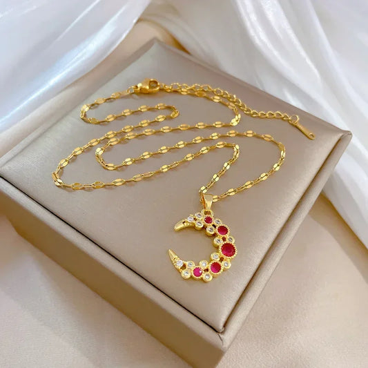 316L Stainless Steel Bending Moon Pendant Necklace For Women Girl New Trend Gold Color Crystal Neck Chain Jewelry Gift