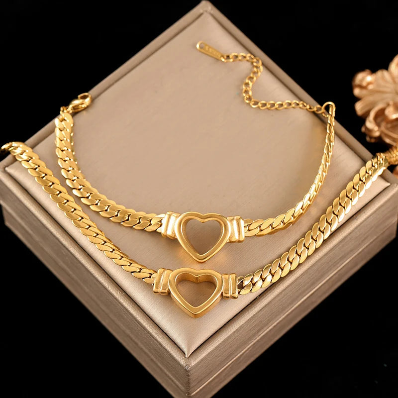 EILIECK 316L Stainless Steel Metal Hollow Heart Necklace Bracelets Set For Women Trendy Waterproof Gold Color Chain Jewelry Gift