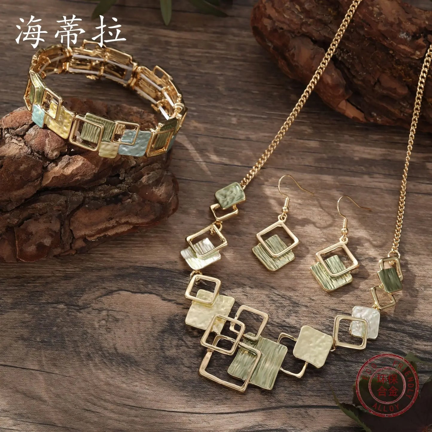 new color painting oil geometric square stud earrings bracelet necklace set, high-end women's jewelry set