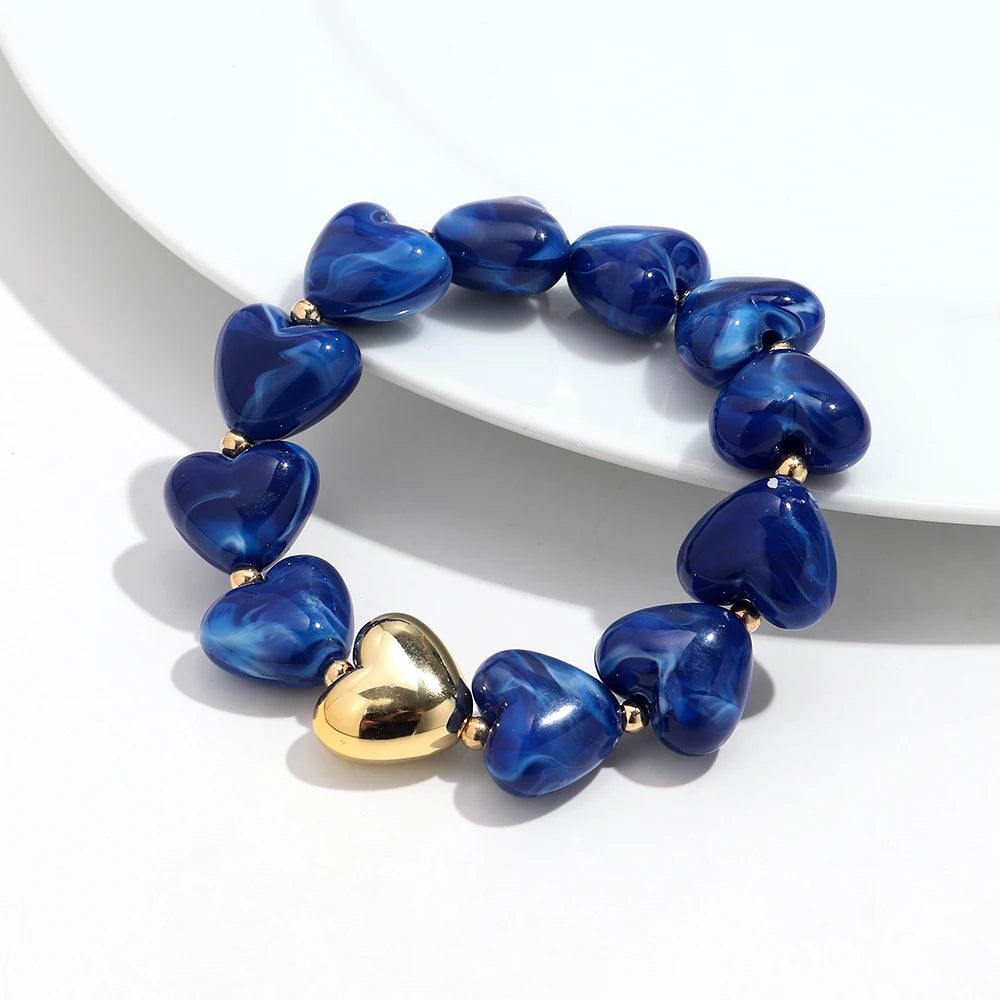 Sweet Resin Love Heart Beads Elastic Bracelets for Women Cute Geometric Heart Shape Stretch Bracelet Party Jewelry Gifts