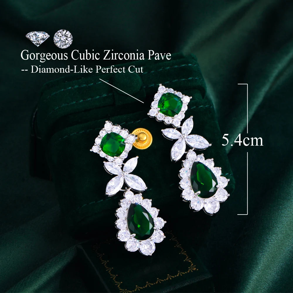 ThreeGraces Luxury Shiny Green Water Drop Zirconia Long Big Dangle Earrings for Women Bridal Wedding Party Jewelry E1748