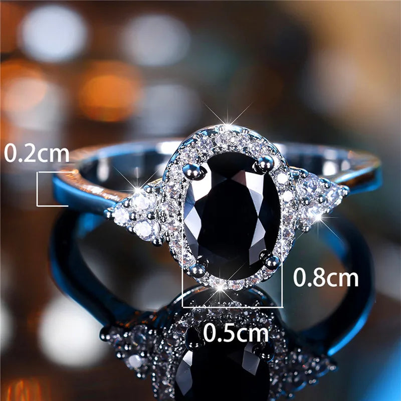 Cute Female Black Oval Zircon Stone Engagement Ring Trendy Silver Color Bride Wedding Jewelry Gift For Women