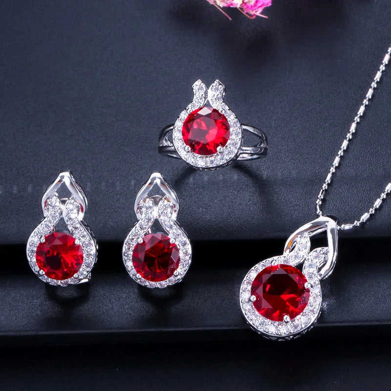 ThreeGraces 3pcs Fashion Shiny Pink Round Zirconia Wedding Party Pendant Necklace and Earrings Ring Jewelry Set for Women T1222