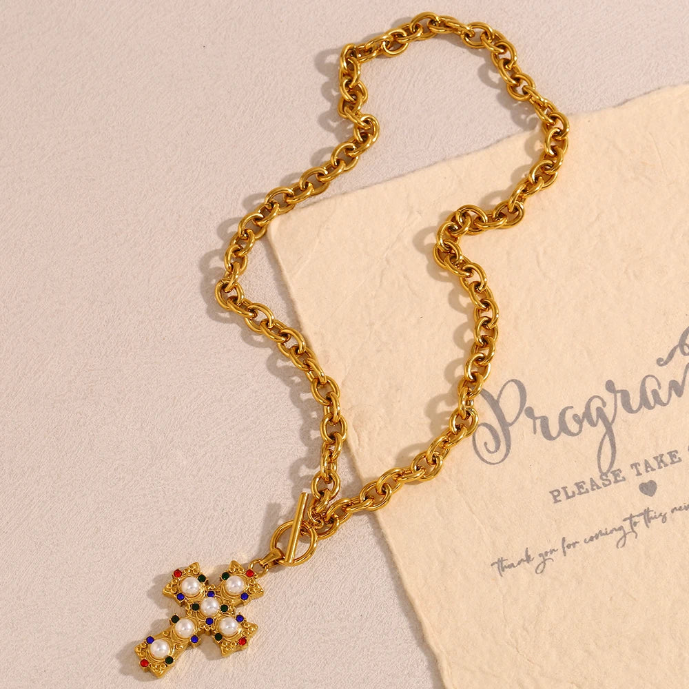 E.B.belle Vintage Style OT Buckle Blue Rhinestone Pearl Cross Pendant Necklace 18K Gold Plated Stainless Steel Neck Jewelry