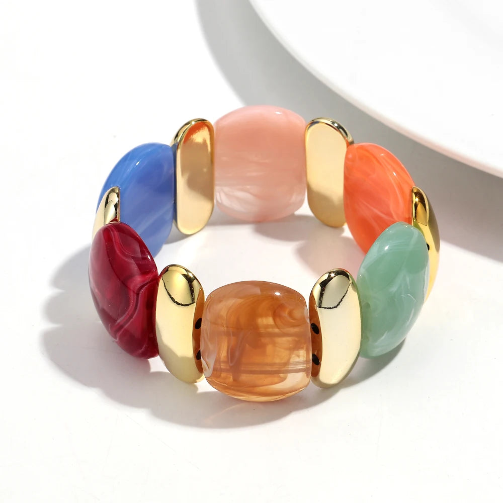 Elegant Acrylic Marble Geometric Petal Curved Beads Elastic Bracelets Trendy CCB Bead Chunky Bangles Bracelet Women Accessories