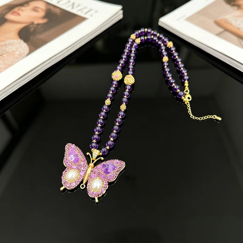 Natrual Freshwater Pearl Citrine Turquoise Crystal Quartz Necklace for Women Fashion Butterfly Beaded Chain Wedding Jewelry