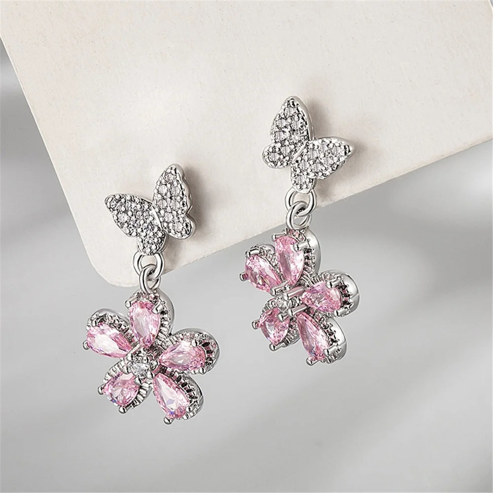 Cute Female Pink Zircon Stone Silver Color Stud Flower Earrings Lovely Bridal Wedding Jewelry For Women