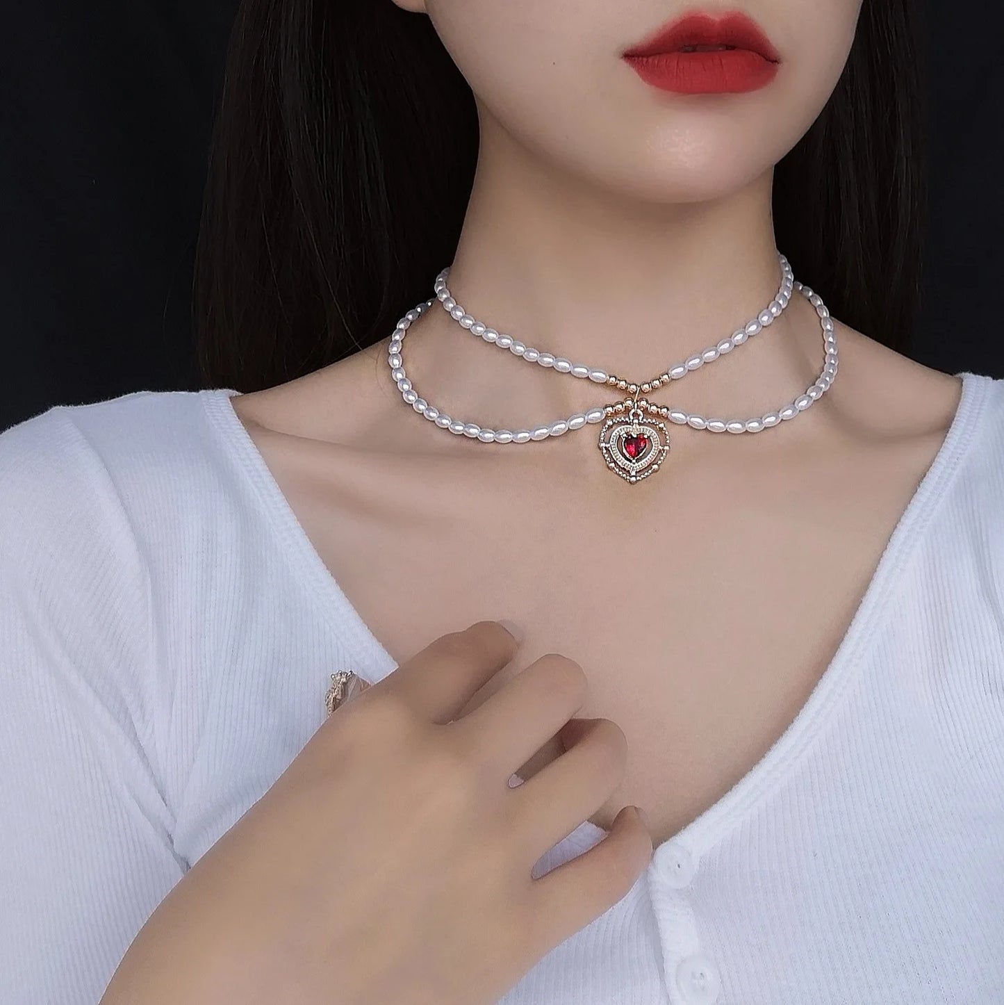 Kpop Vintage Baroque Red Crystal Heart Pendant Pearl Chain Necklace For Women Jewelry Wedding Christmas Gift Y2K Accessories