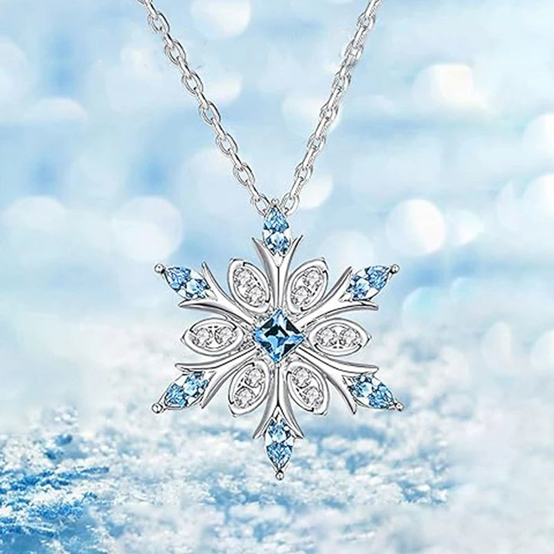 Huitan Christmas Snowflake Pendant Necklace Lady Chic Bright White&Blue Zirconia Accessories Exquisite New Year's Gift Jewelry