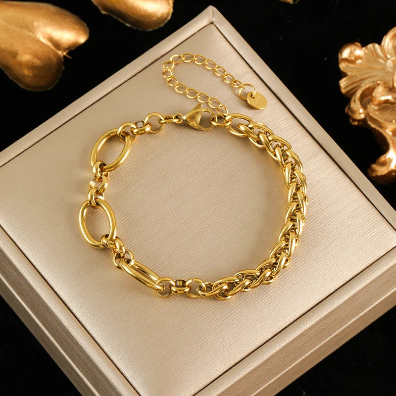 EILIECK 316L Stainless Steel Gold Color Asymmetric Chain Necklace Bracelet Set For Women Fashion Waterproof Jewelry Lady Gift