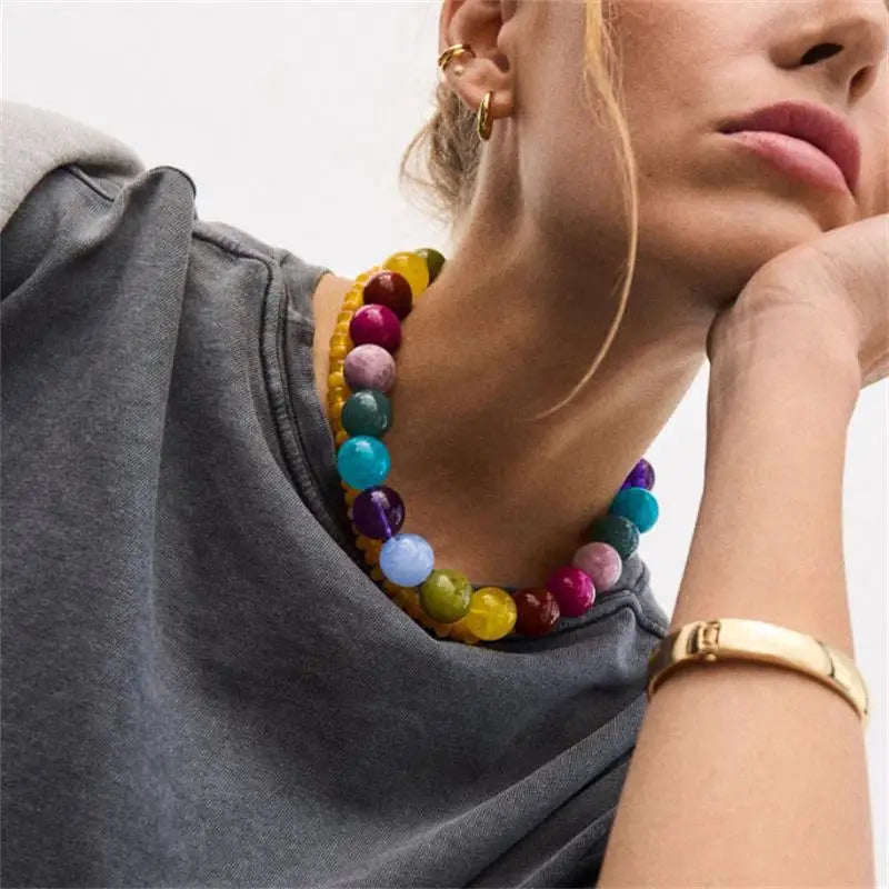 Summer Beach Chunky Bead Neckalce for Women  Multicolored Handmade Beading Collarbone Choker Boho Jewelry Holiday Gifts Bijoux