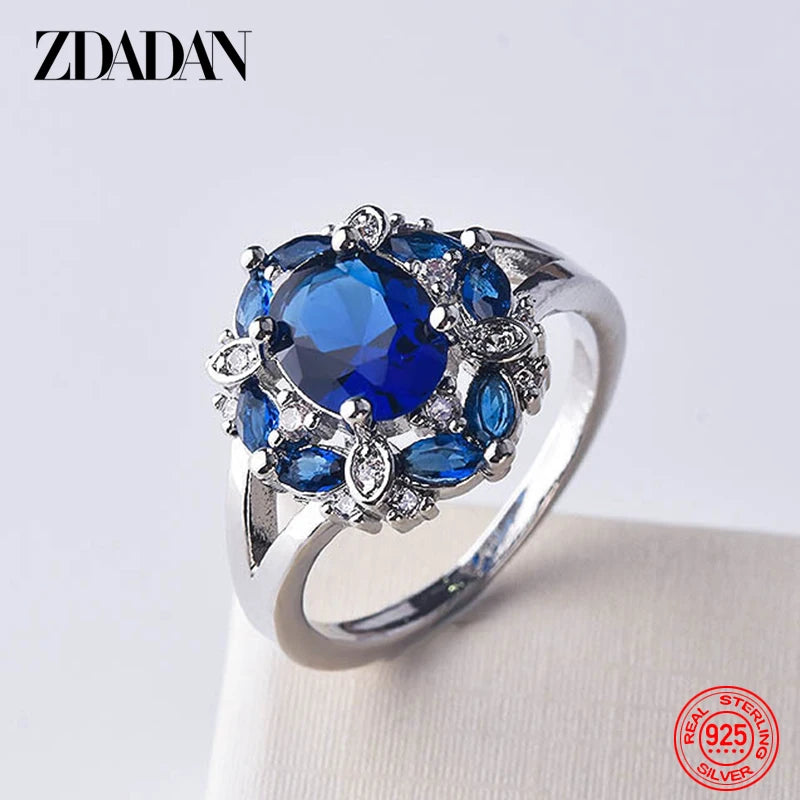 ZDADAN 925 Sterling Silver Flower Red Zircon Rings For Women Fashion Wedding Jewelry