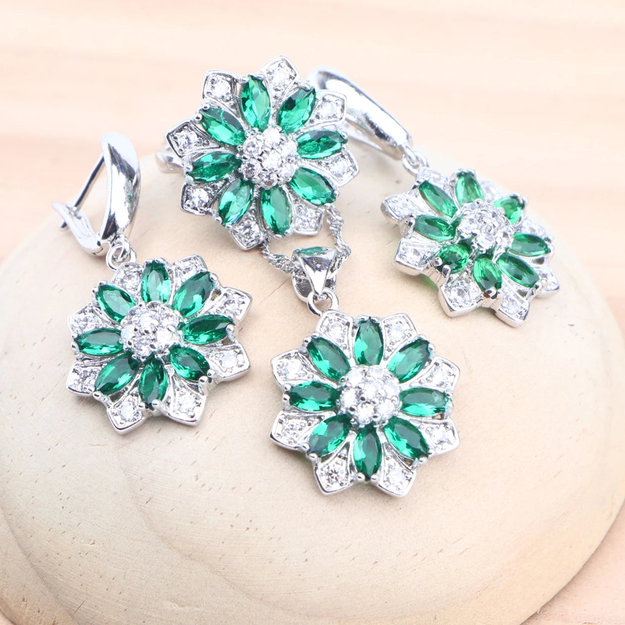 Bridal 925 Sterling Silver Wedding Jewelry Sets Cubic Zircon Rings Pendant Stones Earrings Necklace Set For Women
