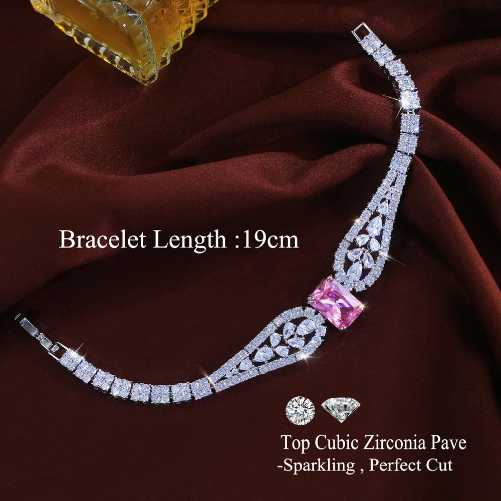 ThreeGraces Elegant Brilliant Pink Square Cubic Zirconia Feather Shape Bridal Wedding Party Link Chain Bracelet for Women BR454