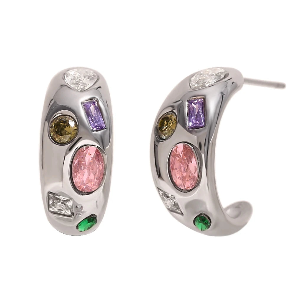 E.B.belle Geometry Colorful Zircon C-shpaed Stud Earring Basic Fahsion Stainless Steel Women Jewelry Waterproof Hypoallergenic