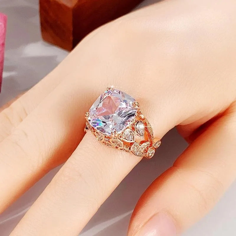 Creative Hollow Design Gorgeous Cubic Zirconia Rings for Women Rose Golden Color/Silver Color Wedding Party Trendy Jewelry Gifts