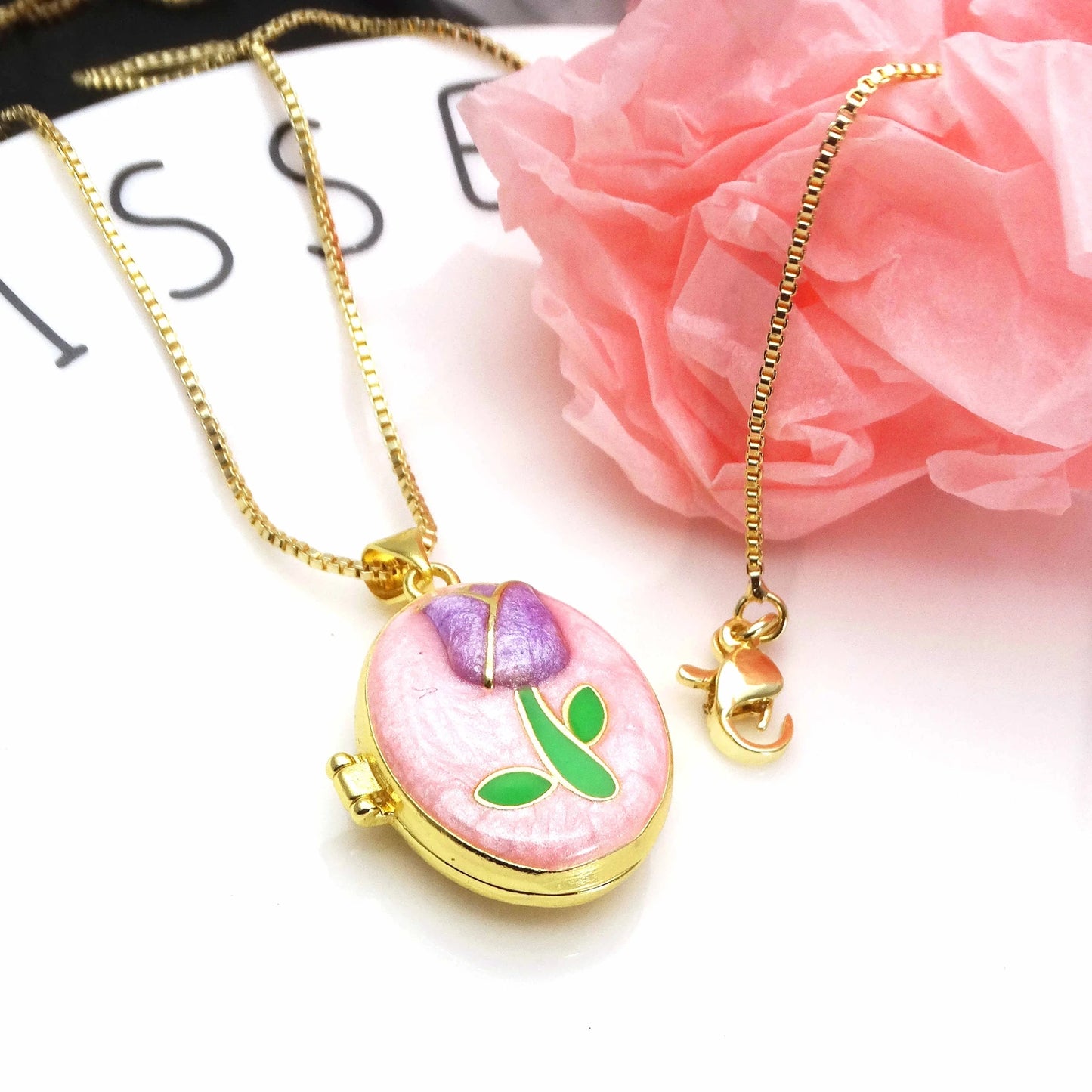 Micro Zircon oil drip photo box Pendant necklace Rose Flower pendant necklace copper chain jewelry necklace