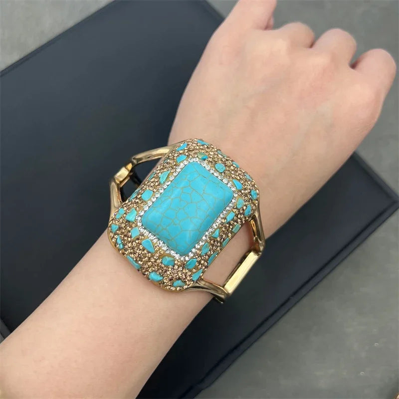 Turkish Natural Blue Turquoise Jewelry Women Gemstone Rhinestone Crystal Necklace Ring Earring Set Party Wedding Dress Acces