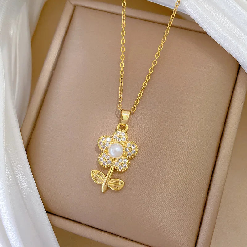 Sparkling Luxury Cubic Zirconia Pearl Flower Pendant Stainless Steel Women's Necklace Fashion Waterproof Jewelry Gift