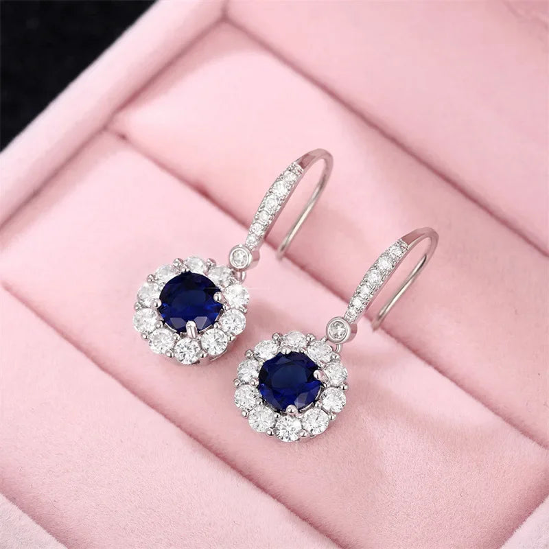 Elegant Round Flower Blue Zircon Sterling Silver Dangle Earrings Dazzling CZ Women Wedding Accessories Fashion Earrings