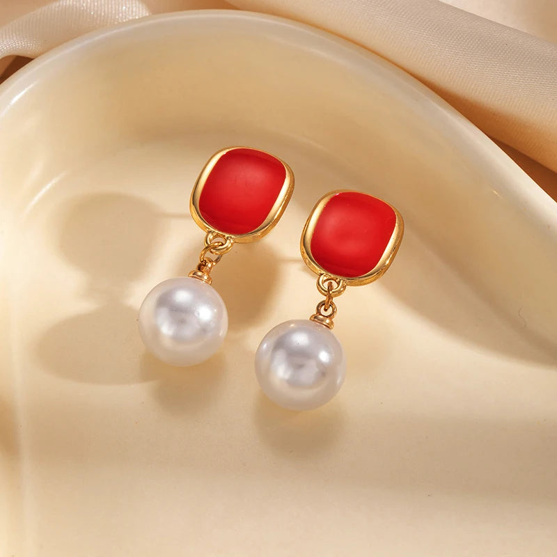 ANENJERY 316L Stainless Steel Geometric Elliptical Drop Glazed Enamel Pearl Earring For Women Fashion Luxury Niche Jewelry Gift